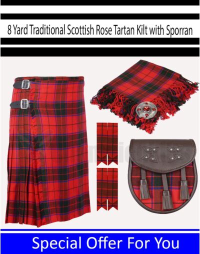 8 Yard Traditional Scottish Rose Tartan Kilt with Accessories - Kilt Package