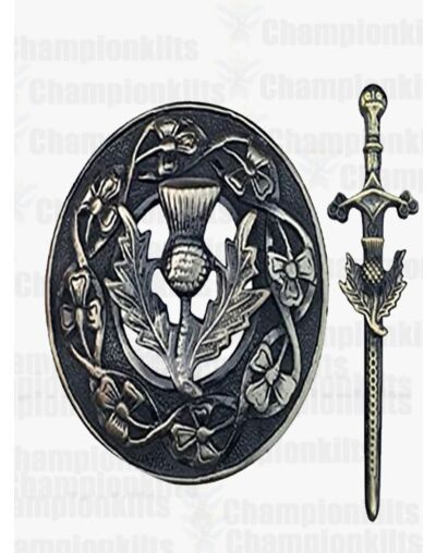 Black Antique Thistle Fly Plaid Brooch Plus Kilt Pin