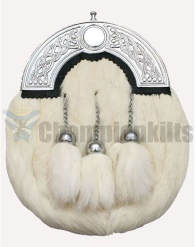 Full Dress White Rabbit Fur Sporran With Celtic Cantle